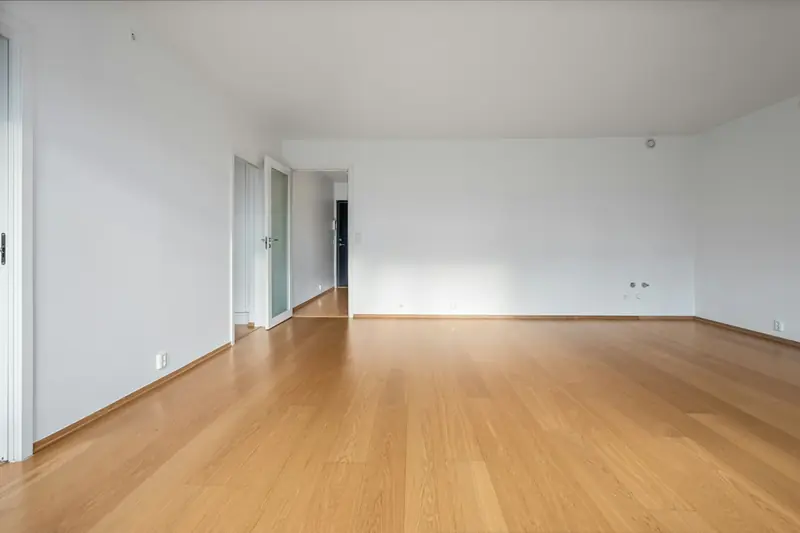 Empty room with white walls and light wood floors